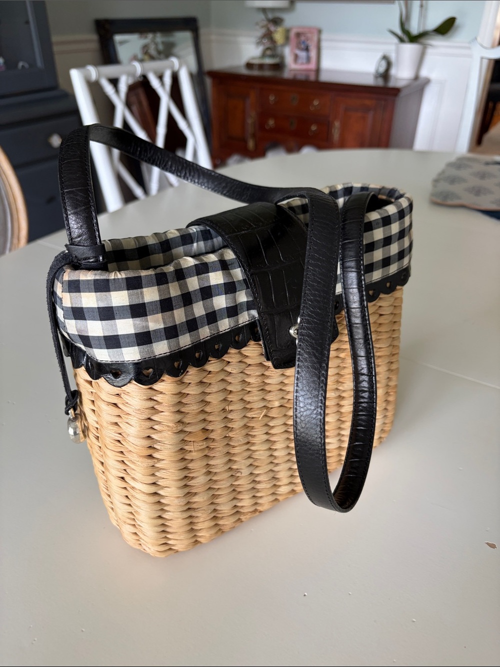 Brighton Black-Trim Woven Crossbody with Gingham Lining